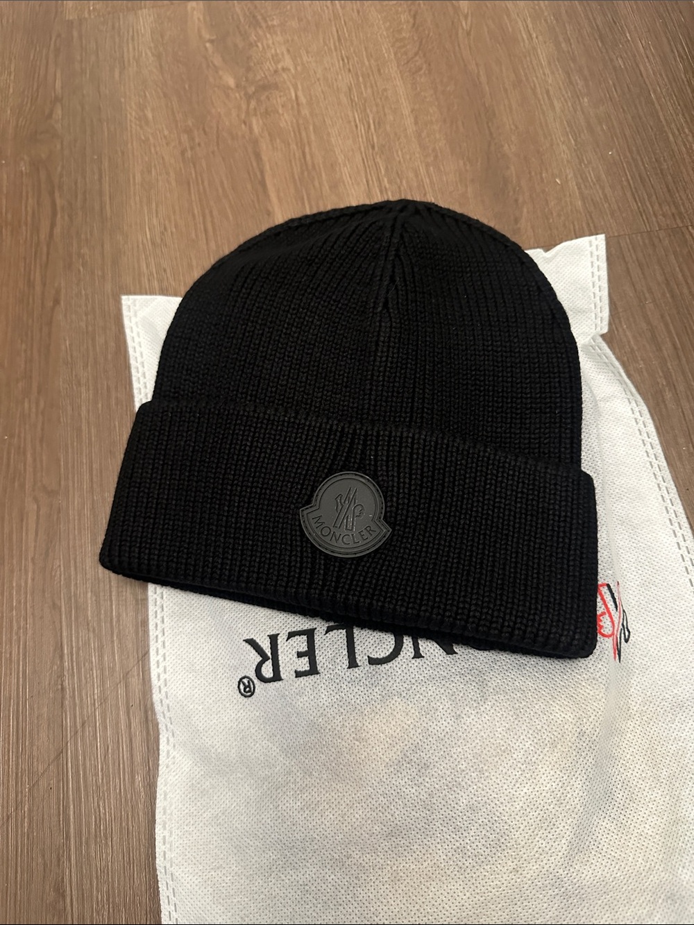 Moncler Black Ribbed Cuffed Beanie with Rubber Logo
